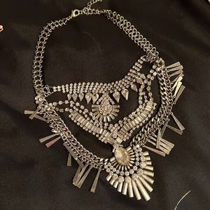 Exquisite three layered all rhinestones silver toned necklace